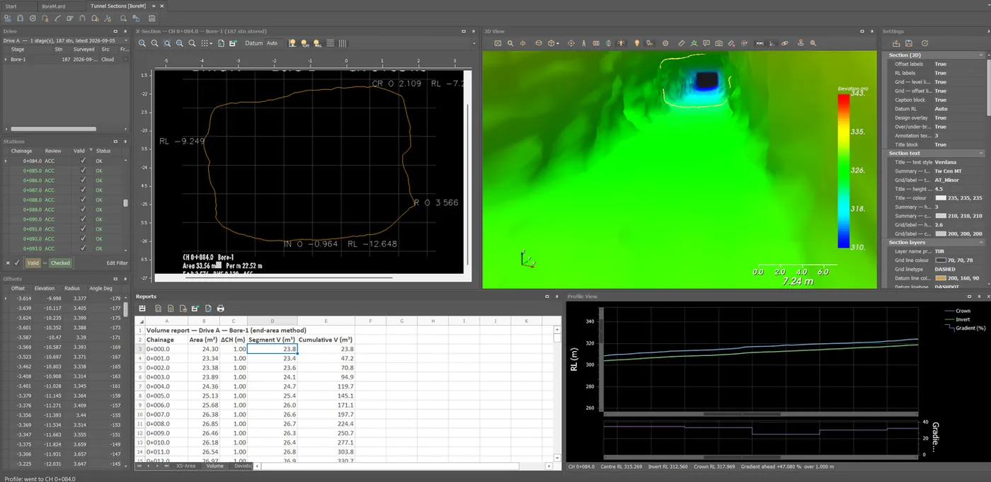 AutoTerra Tunnel workspace: drives, stations, cross-section, 3D bore, volume report and profile view