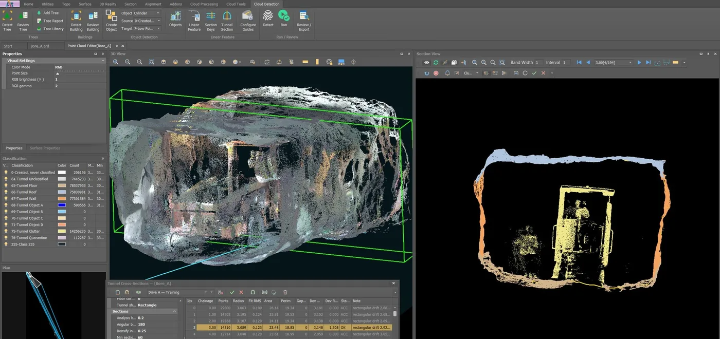 Mine bore in processing with the tunnel class scheme: floor, roof, wall, objects and clutter